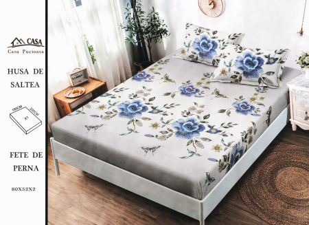 HUSE DE PAT CU ELASTIC - Husa Din Finet 180x200cm - Flori Albastre