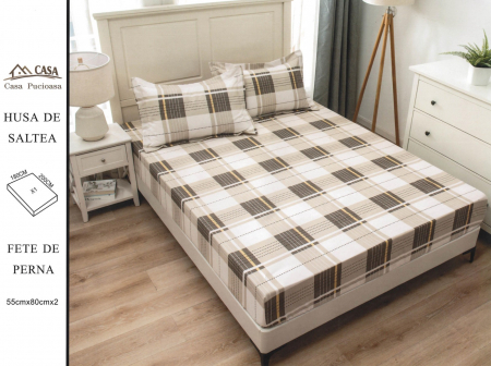 HUSE DE PAT CU ELASTIC - Husa Din Finet 180x200cm - Carouri Bej