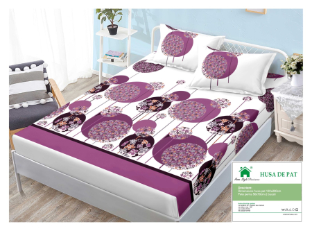 Huse De Pat Finet 140x200cm - Husa Din Finet Cu Elastic Si Fete De Perna 140x200cm - Alb Cu Cercuri Mov Din Floricele
