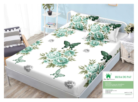 Huse De Pat Finet 140x200cm - Husa Din Finet Cu Elastic Si Fete De Perna 140x200cm - Alb Cu Flori Si Fluturi Verzi