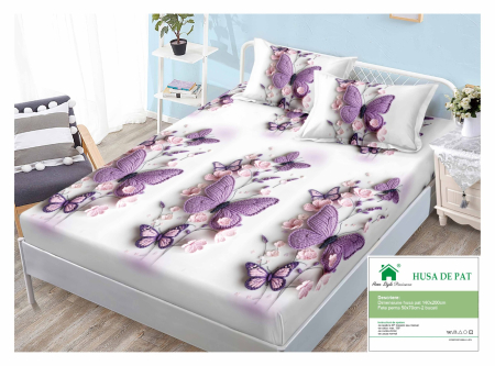 Huse De Pat Finet 140x200cm - Husa Din Finet Cu Elastic Si Fete De Perna 140x200cm - Alba Cu Fluturasi Mov Crosetati