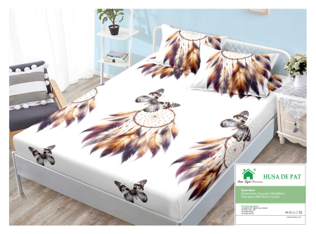 Huse De Pat Finet 140x200cm - Husa Din Finet Cu Elastic Si Fete De Perna 140x200cm - Alba Cu Mandala Din Pene Si Fluturi