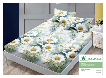 Huse De Pat Finet 140x200cm - Husa Din Finet Cu Elastic Si Fete De Perna 140x200cm - Alba Cu Margarete