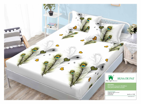 Huse De Pat Finet 140x200cm - Husa Din Finet Cu Elastic Si Fete De Perna 140x200cm - Alba Cu Pene Si Inimioare