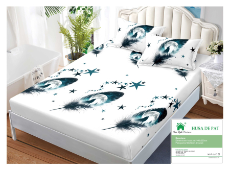 Huse De Pat Finet 140x200cm - Husa Din Finet Cu Elastic Si Fete De Perna 140x200cm - Alba Cu Pene Si Stele