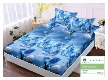 Huse De Pat Finet 140x200cm - Husa Din Finet Cu Elastic Si Fete De Perna 140x200cm - Albastra Cu Fluturi De Cristal