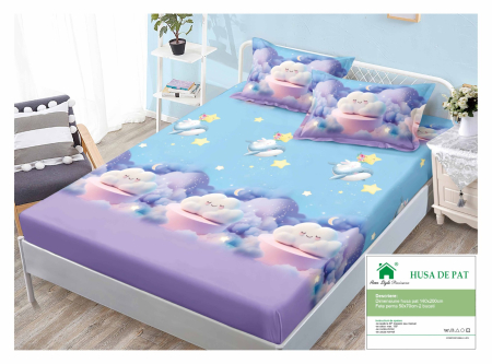 Huse De Pat Finet 140x200cm - Husa Din Finet Cu Elastic Si Fete De Perna 140x200cm - Albastra Cu Norisori Si Stelute