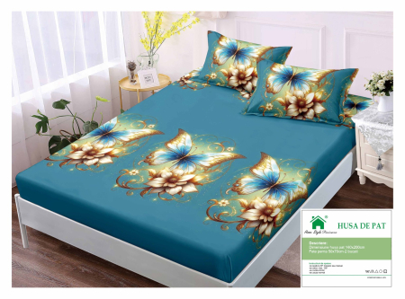 Huse De Pat Finet 140x200cm - Husa Din Finet Cu Elastic Si Fete De Perna 140x200cm - Albastru Cu Fluturi Si Flori