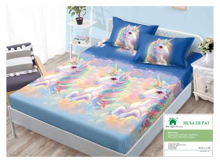 Huse De Pat Finet 140x200cm - Husa Din Finet Cu Elastic Si Fete De Perna 140x200cm - Albastru Cu Unicorni Multicolori
