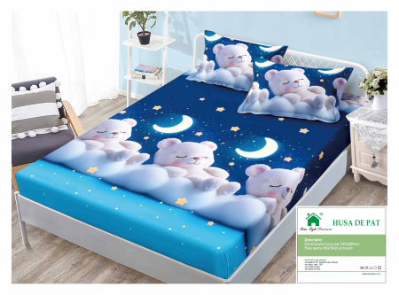 Huse De Pat Finet 140x200cm - Husa Din Finet Cu Elastic Si Fete De Perna 140x200cm - Albastru Cu Ursuleti Si Norisori