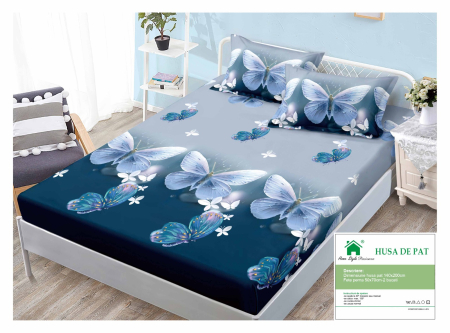 Huse De Pat Finet 140x200cm - Husa Din Finet Cu Elastic Si Fete De Perna 140x200cm - Albastru Si Gri Cu Fluturasi