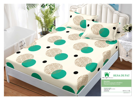 Huse De Pat Finet 140x200cm - Husa Din Finet Cu Elastic Si Fete De Perna 140x200cm - Bej Cu Cercuri Colorate