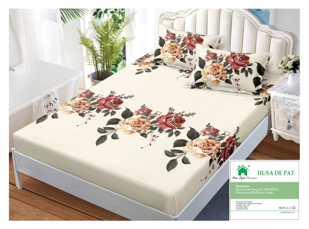 Huse De Pat Finet 140x200cm - Husa Din Finet Cu Elastic Si Fete De Perna 140x200cm - Bej Cu Flori Grena Si Maro