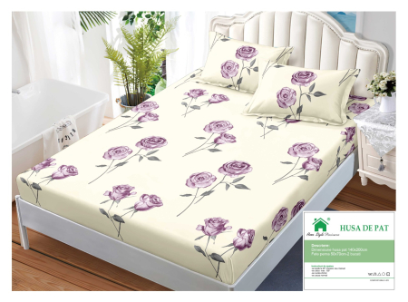 Huse De Pat Finet 140x200cm - Husa Din Finet Cu Elastic Si Fete De Perna 140x200cm - Bej Cu Flori Lila