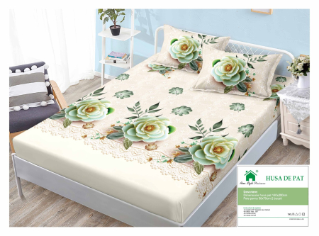 Huse De Pat Finet 140x200cm - Husa Din Finet Cu Elastic Si Fete De Perna 140x200cm - Bej Cu Flori Verzi