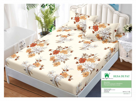 HUSE DE PAT CU ELASTIC - Husa Din Finet Cu Elastic Si Fete De Perna 140x200cm - Bej Cu Floricele