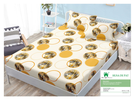 Huse De Pat Finet 140x200cm - Husa Din Finet Cu Elastic Si Fete De Perna 140x200cm - Bej Cu Imprimeu Geometric Cercuri Maro