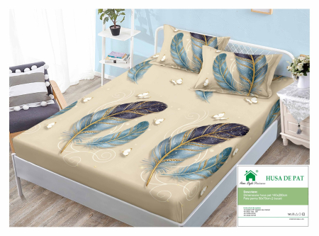 Huse De Pat Finet 140x200cm - Husa Din Finet Cu Elastic Si Fete De Perna 140x200cm - Bej Cu Pene Si Sclipici Auriu