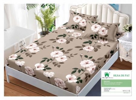 HUSE DE PAT CU ELASTIC - Husa Din Finet Cu Elastic Si Fete De Perna 140x200cm - Bej Flori De Mar
