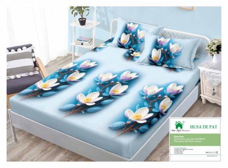 Huse De Pat Finet 140x200cm - Husa Din Finet Cu Elastic Si Fete De Perna 140x200cm - Bleu Cu Magnolie Crosetata