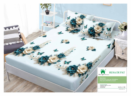 Huse De Pat Finet 140x200cm - Husa Din Finet Cu Elastic Si Fete De Perna 140x200cm - Bleu Cu Trandafiri Crosetati
