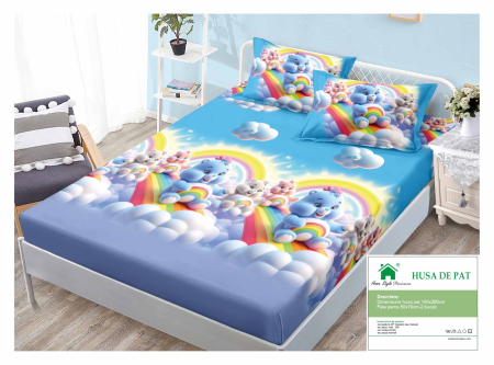 Huse De Pat Finet 140x200cm - Husa Din Finet Cu Elastic Si Fete De Perna 140x200cm - Bleu Cu Ursuleti Si Curcubeu