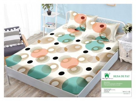 HUSE DE PAT CU ELASTIC - Husa Din Finet Cu Elastic Si Fete De Perna 140x200cm - Cercuri Colorate