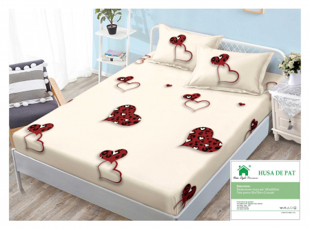 HUSE DE PAT CU ELASTIC - Husa Din Finet Cu Elastic Si Fete De Perna 140x200cm - Crem Cu Inimioare