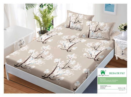 HUSE DE PAT CU ELASTIC - Husa Din Finet Cu Elastic Si Fete De Perna 140x200cm - Crengute Inflorite