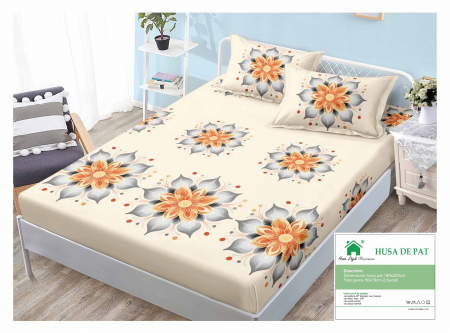 HUSE DE PAT CU ELASTIC - Husa Din Finet Cu Elastic Si Fete De Perna 140x200cm - Floare Indiana