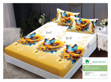 Huse De Pat Finet 140x200cm - Husa Din Finet Cu Elastic Si Fete De Perna 140x200cm - Floarea Soarelui Si Fluturasi