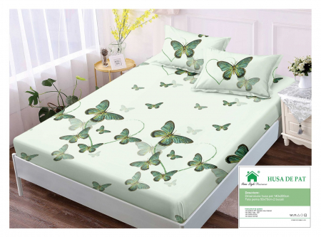 HUSE DE PAT CU ELASTIC - Husa Din Finet Cu Elastic Si Fete De Perna 140x200cm - Fluturasi Verzi