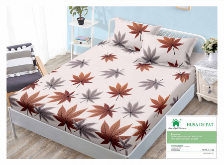 HUSE DE PAT CU ELASTIC - Husa Din Finet Cu Elastic Si Fete De Perna 140x200cm - Frunze Toamna