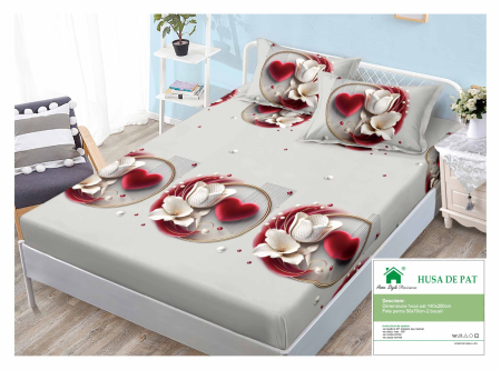 Huse De Pat Finet 140x200cm - Husa Din Finet Cu Elastic Si Fete De Perna 140x200cm - Grej Cu Inimioare Catifelate Si Flori