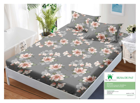 Huse De Pat Finet 140x200cm - Husa Din Finet Cu Elastic Si Fete De Perna 140x200cm - Gri Cu Flori Crem