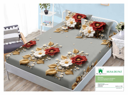 Huse De Pat Finet 140x200cm - Husa Din Finet Cu Elastic Si Fete De Perna 140x200cm - Gri Cu Flori Rosii Si Albe