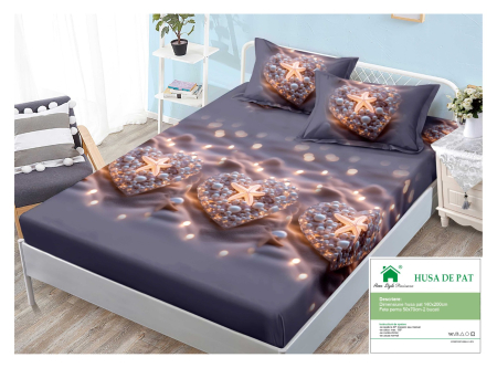 Huse De Pat Finet 140x200cm - Husa Din Finet Cu Elastic Si Fete De Perna 140x200cm - Gri Cu Inimi Din Perle