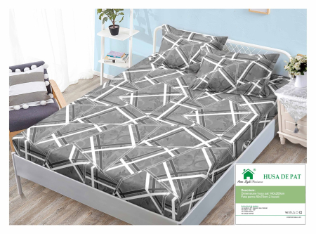 Huse De Pat Finet 140x200cm - Husa Din Finet Cu Elastic Si Fete De Perna 140x200cm - Gri Cu Model Geometric