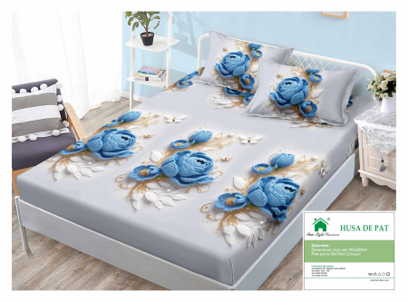 Huse De Pat Finet 140x200cm - Husa Din Finet Cu Elastic Si Fete De Perna 140x200cm - Gri Cu Trandafiri Albastri Crosetati