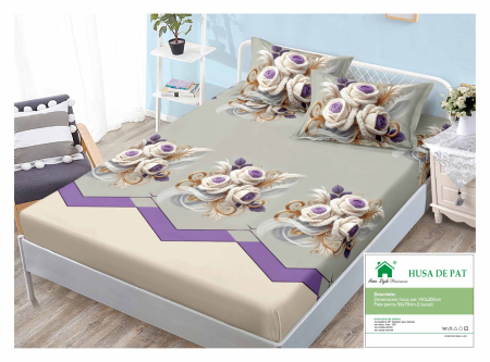 Huse De Pat Finet 140x200cm - Husa Din Finet Cu Elastic Si Fete De Perna 140x200cm - Gri Cu Trandafiri Crosetati