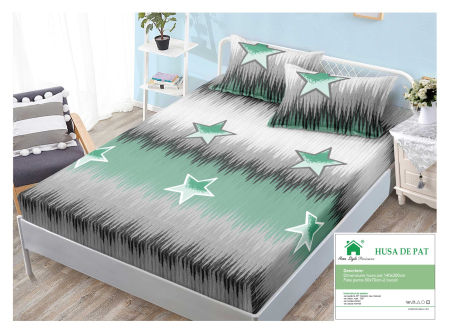 Huse De Pat Finet 140x200cm - Husa Din Finet Cu Elastic Si Fete De Perna 140x200cm - Gri Cu Verde Si Stelute