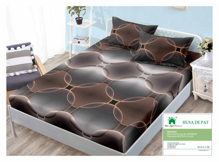 Huse De Pat Finet 140x200cm - Husa Din Finet Cu Elastic Si Fete De Perna 140x200cm - Imprimeu Geometric Cercuri Maro