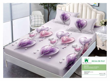 Huse De Pat Finet 140x200cm - Husa Din Finet Cu Elastic Si Fete De Perna 140x200cm - Inimi Mov De Sticla