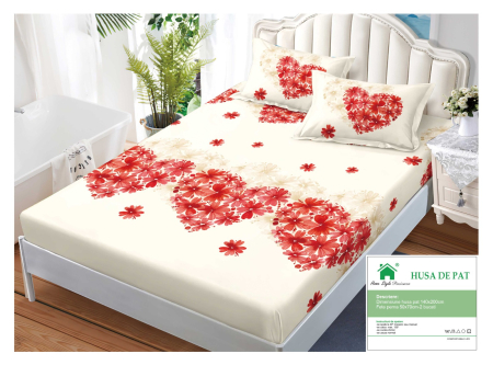 Huse De Pat Finet 140x200cm - Husa Din Finet Cu Elastic Si Fete De Perna 140x200cm - Inimioare Din Flori Rosii