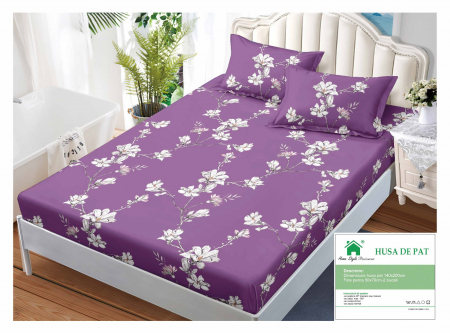 HUSE DE PAT CU ELASTIC - Husa Din Finet Cu Elastic Si Fete De Perna 140x200cm - Lila Cu Flori Albe