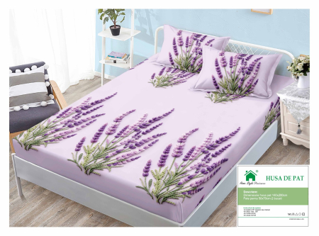 Huse De Pat Finet 140x200cm - Husa Din Finet Cu Elastic Si Fete De Perna 140x200cm - Lila Cu Lavanda