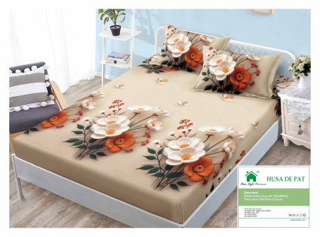 Huse De Pat Finet 140x200cm - Husa Din Finet Cu Elastic Si Fete De Perna 140x200cm - Maro Cu Flori Crosetate
