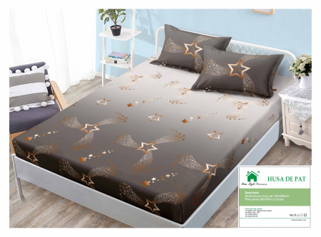 Huse De Pat Finet 140x200cm - Husa Din Finet Cu Elastic Si Fete De Perna 140x200cm - Maro Cu Stelute