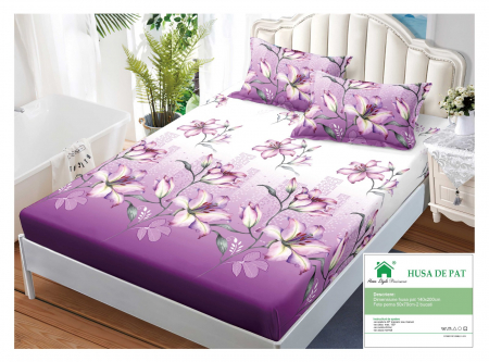 HUSE DE PAT CU ELASTIC - Husa Din Finet Cu Elastic Si Fete De Perna 140x200cm - Mov Cu Crini
