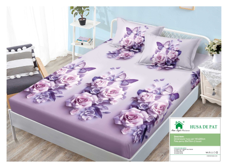 Huse De Pat Finet 140x200cm - Husa Din Finet Cu Elastic Si Fete De Perna 140x200cm - Mov Cu Flori Si Fluturi